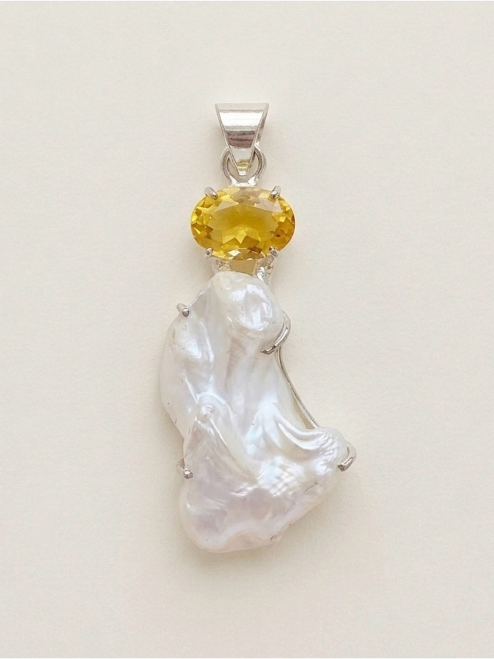 Yellow Citrine and White Baroque Pearl Sterling Pendant